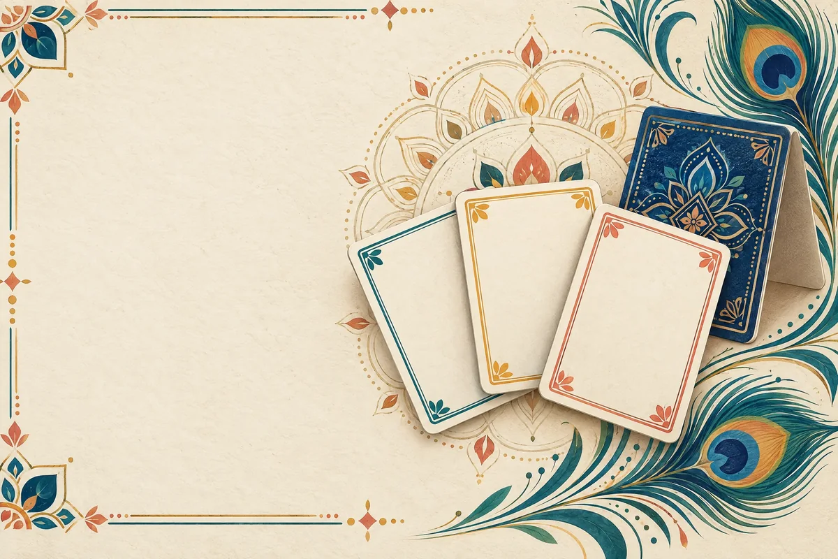 Original Indian-inspired illustration of three playing cards with geometric decoration